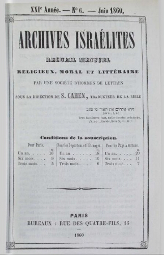 Archives israélites de France. Vol.21 N°06 (juin 1860)